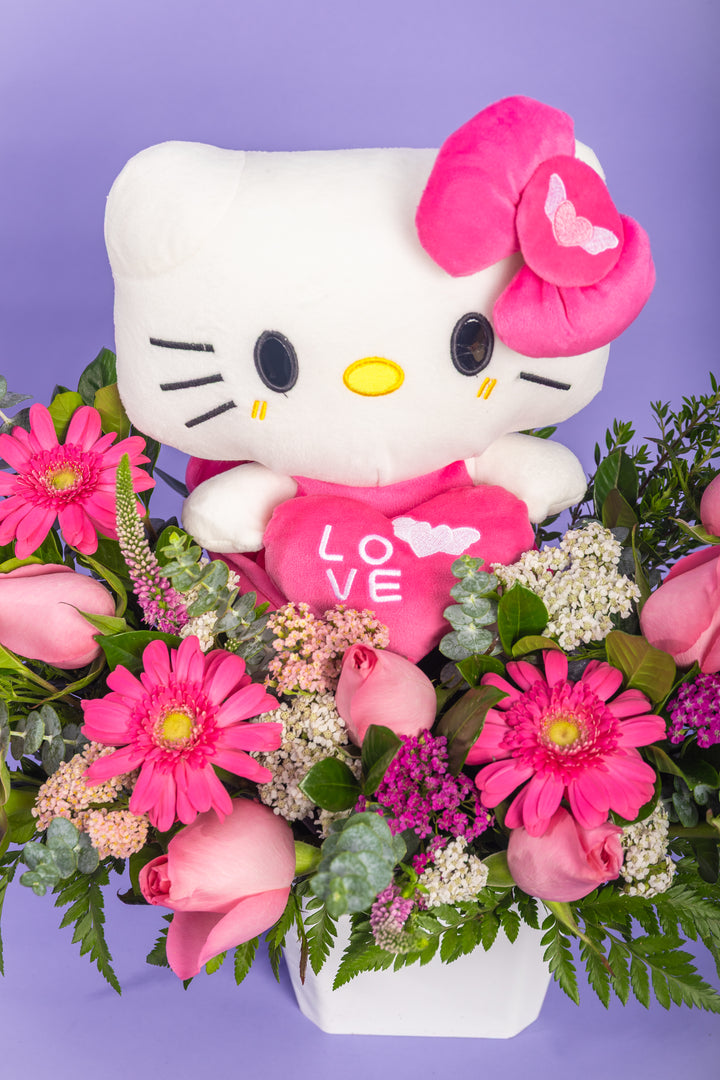Box de rosas rosadas con peluche de hello kitty