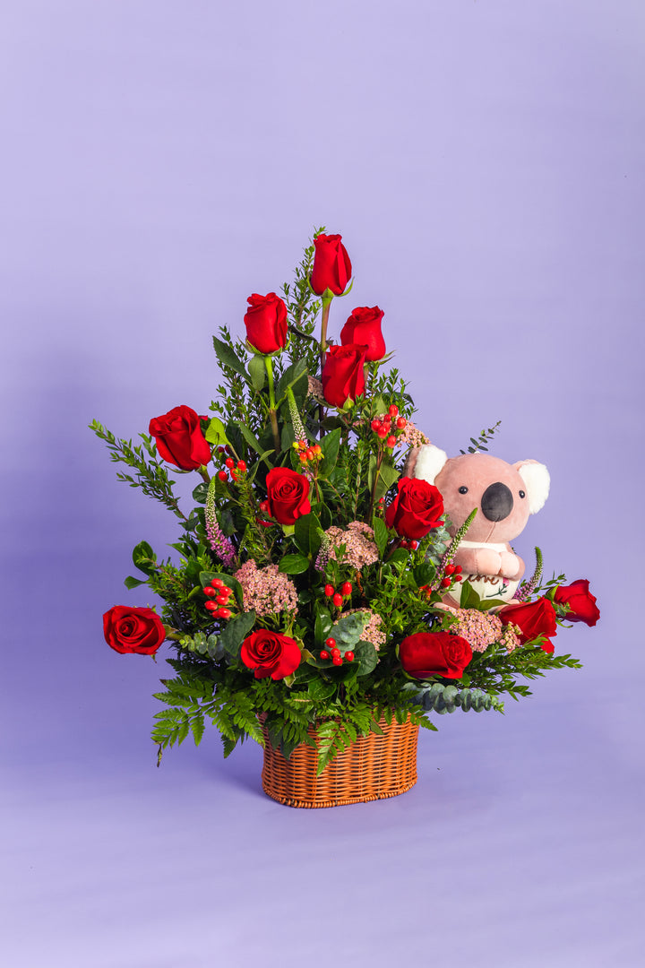 Canasta de rosas con peluche de koala