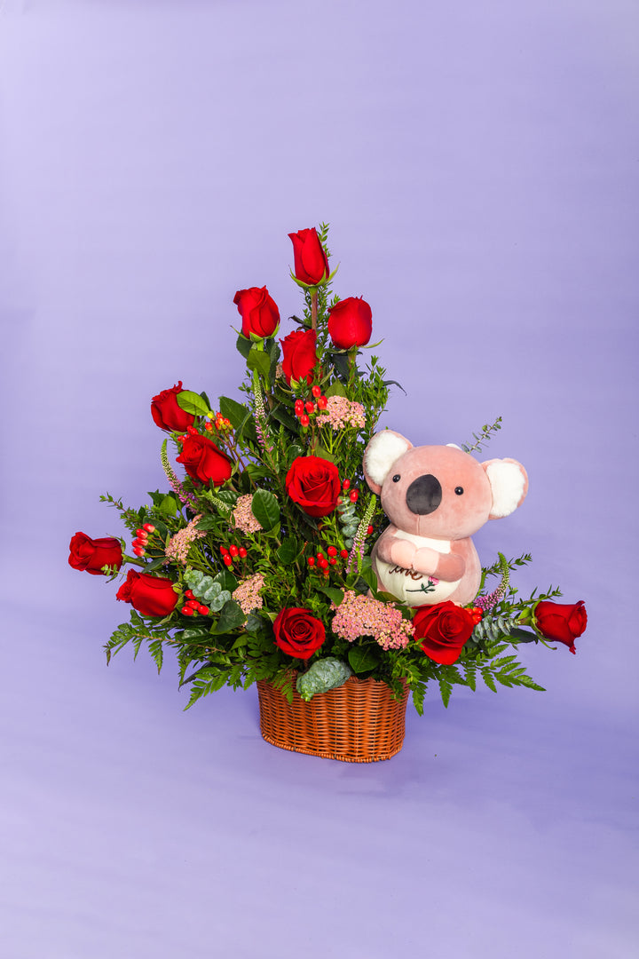 Canasta de rosas con peluche de koala