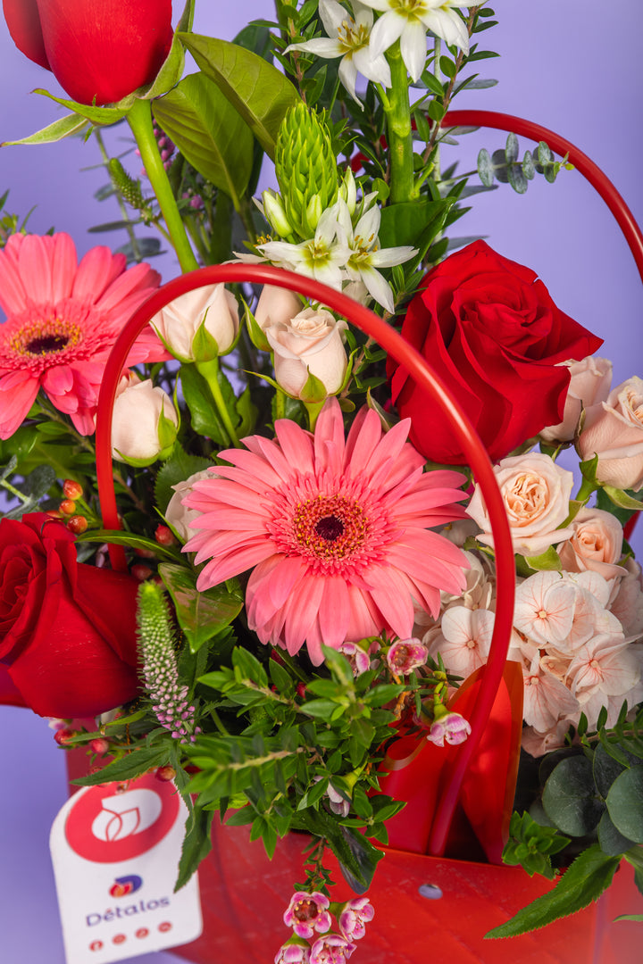 Cartera roja con rosas rojas y 2 gerberas